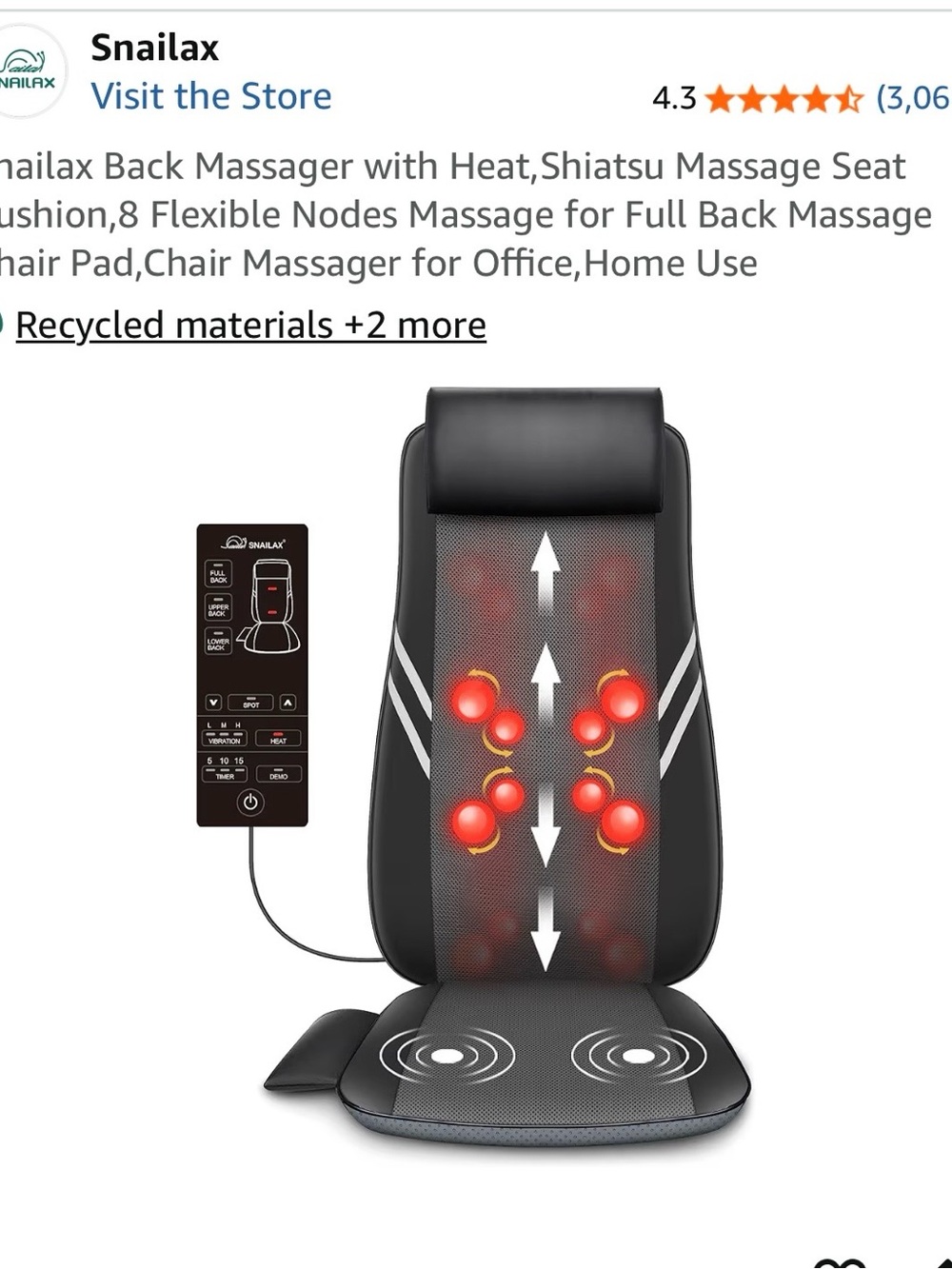 NAILA Black Massage Seat Cushion with Heat and Shiatsu Nodes